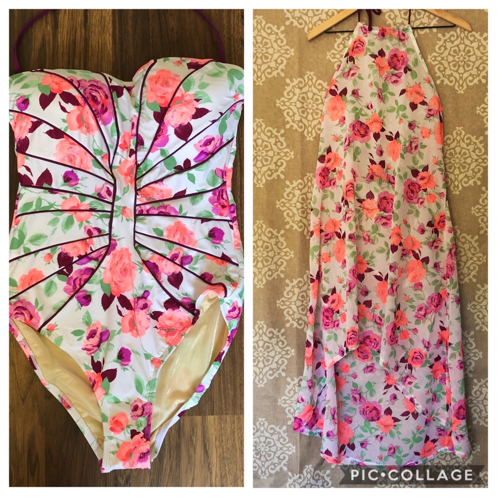NWT Betsey Johnson Floral Swimsuit & Coverup